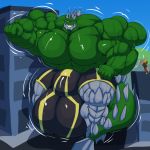  1:1 ambiguous_gender ambiguous_species anthro balls balls_expansion big_balls big_bulge big_muscles big_penis bobert boxers_(clothing) building bulge clothing day docodile dragon duo genitals green_body grin growth hi_res hoodie huge_balls huge_bulge huge_muscles huge_penis hyper hyper_balls hyper_bulge hyper_genitalia hyper_muscles hyper_penis looking_at_another macro male muscle_growth muscular penis penis_expansion ray_gun size_difference sky smile topwear underwear walking 