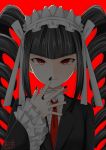  1girl black_hair black_jacket black_nails bow celestia_ludenberck commentary danganronpa danganronpa_1 drill_hair frilled_sleeves frills gothic_lolita hair_bow hand_to_own_mouth highres jacket lolita_fashion long_hair necktie outstretched_hand portrait red_background red_eyes signature simple_background smug solo sonodaarisu0731 very_long_hair 