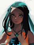  1girl aqua_eyes bellhenge dark_skin earrings eyeliner eyeshadow gloves gym_leader hair_ornament jewelry looking_at_viewer makeup multicolored_hair pendant pokemon pokemon_(game) pokemon_swsh rurina_(pokemon) solo two-tone_hair 