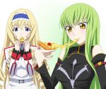  blonde_hair blue_eyes blue_hairband breasts c.c. cecilia_alcott code_geass crossover drill_hair eating food green_hair hairband infinite_stratos long_hair multiple_girls pizza ribonzu seiyuu_connection smile yellow_eyes yukana 