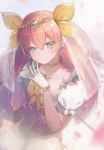  +1_(yakusoku0722) bow bridal_veil choker dress earrings eyebrows_visible_through_hair gem gloves green_eyes hair_between_eyes hanasaki_momoko highres jewelry long_hair looking_at_viewer necklace pink_bow pink_hair ring smile solo veil wedding_dress wedding_peach wedding_ring white_gloves 