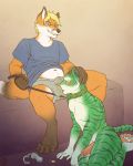  2017 anthro balls bite biting_lip blush bodily_fluids bulge canid canine cantares chastity_cage chastity_device clothed clothed/nude clothed_male_nude_male clothing collar digital_media_(artwork) domination duo eyes_closed eyewear felid fox fur genital_fluids genitals glasses glopossum green_body green_fur hair hand_on_head kneeling leash little_the_foxy male male/male male_domination mammal nude orange_body orange_fur pantherine partially_clothed pawpads penis precum shirt simple_background sitting smelling stained_clothing striped_body striped_fur stripes submissive submissive_male tiger topwear underwear white_body white_fur 