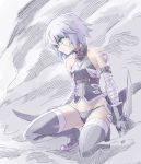  1girl bandaged_arm bandages bare_shoulders black_legwear black_panties closed_mouth dual_wielding facial_scar fate/apocrypha fate_(series) gloves green_eyes highres holding ishiyumi jack_the_ripper_(fate/apocrypha) knife panties scar scar_on_cheek short_hair silver_hair solo tattoo thighhighs underwear 