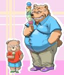  2020 angry anthro belly black_nose bottomwear brown_body brown_fur clothing dessert duo food fur hi_res humanoid_hands ice_cream male mammal overweight overweight_male pants q83561965 shirt shorts tongue tongue_out topwear ursid 