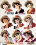  1boy a2twilldraw araki_hirohiko_(style) black_eyes black_hair bleach boku_no_hero_academia closed_mouth copyright_name dragon_ball dragon_ball_z facial_scar gotouge_koyoharu_(style) hat highres horikoshi_kouhei_(style) isayama_hajime_(style) jojo_no_kimyou_na_bouken kimetsu_no_yaiba kishimoto_masashi_(style) kubo_taito_(style) lips looking_at_viewer monkey_d_luffy multiple_views naruto_(series) oda_eiichirou_(style) one_piece open_mouth parody parted_lips scar scar_on_cheek shingeki_no_kyojin short_hair smile straw_hat style_parody teeth titan_(shingeki_no_kyojin) toriyama_akira_(style) upper_body 