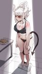  1girl barefoot black_bra black_panties body_blush bow_(bhp) bra breasts cleavage demon_tail full_body helltaker horns large_breasts lucifer_(helltaker) mole mole_under_eye navel panties plump pointy_ears ponytail red_eyes sketch solo standing sweatdrop tail underwear underwear_only weighing_scale weight_conscious white_hair 
