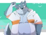  2020 anthro belly black_nose blush canid canine canis clothing domestic_dog english_text green_bell hoodie humanoid_hands inakamichi kemono male mammal navel open_hoodie overweight overweight_male solo text topwear 