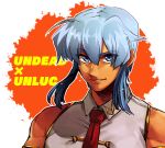  1boy armlet blue_eyes blue_hair character_request copyright_name hair_between_eyes highres looking_at_viewer male_focus necktie orange_background red_neckwear sidelocks smile solo tontoro_(toropig-thunder) undead_unluck upper_body 