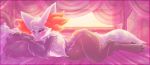  2017 3_toes anthro bed belly big_belly blush claws delphox digital_media_(artwork) dimwitdog edit female furniture hi_res humanoid inside looking_at_viewer lying navel nintendo on_bed outie_navel pillow pok&eacute;mon pok&eacute;mon_(species) pregnant red_eyes seductive shiny_pok&eacute;mon smile solo thick_thighs toe_claws toes video_games wide_hips 