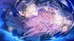  2girls ahoge artist_name azur_lane bangs bare_shoulders barefoot blue_eyes breasts chinese_commentary commentary_request detached_sleeves dress elbow_gloves evening_gown from_side full_body garter_belt garter_straps gloves hug illustrious_(azur_lane) large_breasts long_hair looking_at_viewer majiang multiple_girls no_shoes purple_eyes purple_hair see-through sidelocks silver_hair sitting small_breasts stuffed_alicorn stuffed_animal stuffed_toy unicorn_(azur_lane) white_dress white_headwear 