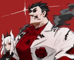  1boy 1girl absurdres black_suit blood blood_on_face bloody_nose bonbrother3 crown damaged demon_girl demon_horns formal helltaker helltaker_(character) highres horns lucifer_(helltaker) red_background red_shirt shirt smoke sparkle suit sunglasses white_hair white_horns white_suit 