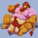  1:1 5_fingers 5_toes anthro balls belly big_balls big_belly big_muscles big_penis bobert bottomless cigar clothed clothing erection felid fingers fur genitals grin hair hi_res holding_object huge_balls huge_penis hyper hyper_balls hyper_genitalia hyper_penis lion looking_at_viewer male mammal musclegut muscular orange_body orange_fur pantherine penis ponytail shirt sitting smile solo star_symbol toes topwear vein veiny_penis 