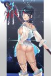  1girl absurdres ass back bangs bare_shoulders black_hair blue_eyes blue_ribbon blunt_bangs blush breasts dress fate/grand_order fate/requiem fate_(series) fundoshi grey_background hand_on_hip highres japanese_clothes large_breasts long_sleeves looking_at_viewer looking_back magatama magatama_hair_ornament medium_hair multicolored_hair nakagawa_kanon_(pixiv32798535) open_mouth polearm puffy_long_sleeves puffy_sleeves ribbon short_dress sideboob sideless_outfit smile spear streaked_hair thighs utsumi_erise weapon white_legwear 