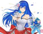  1girl blue_eyes blue_hair bouquet bride bride_(fire_emblem) caeda_(fire_emblem) closed_mouth dress fire_emblem fire_emblem:_mystery_of_the_emblem fire_emblem_heroes flower holding holding_bouquet kyufe long_hair outstretched_arm petals simple_background smile solo upper_body wedding_dress white_background white_dress 