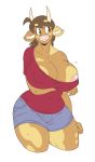  2020 anthro areola areola_slip big_breasts bottomwear bovid bovine breasts brown_body brown_eyes brown_fur brown_hair cattle cleavage clothed clothing eyebrows eyelashes female floppy_ears front_view fur hair hi_res holding_breast horn huge_breasts mammal molly_(slightlysimian) nipple_outline pink_nose portrait shirt shorts slightlysimian smile solo standing thick_eyebrows three-quarter_portrait topwear 