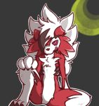  2020 ambiguous_gender anthro black_claws black_nose claws fur grey_background hair lycanroc midnight_lycanroc moon nintendo pok&eacute;mon pok&eacute;mon_(species) red_body red_eyes red_fur sharp_teeth simple_background sitting smile teeth toes video_games white_body white_fur white_hair 