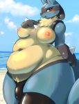  2020 anthro beach belly belly_overhang big_belly blue_body blue_fur blush breasts bulge canid canine clothed clothing detailed_background female fur gynomorph hi_res intersex kemosara looking_at_viewer lucario mammal navel nintendo nipples obese obese_intersex overweight overweight_female overweight_intersex pok&eacute;mon pok&eacute;mon_(species) red_eyes seaside thick_thighs topless video_games water wide_hips 