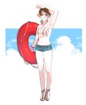  1girl absurdres alternate_costume armpits bare_shoulders blue_eyes blue_shorts blush brown_hair dated denim denim_shorts full_body hiei_(kantai_collection) highres holding_lifebuoy kantai_collection looking_at_viewer sandals shishanmo short_hair shorts smile solo swimsuit 