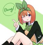  1girl ;p bangs black_jacket black_legwear blazer blue_eyes blush bow closed_mouth collared_shirt english_text eyebrows_behind_hair feet_out_of_frame finger_gun go-toubun_no_hanayome green_background green_bow green_ribbon green_skirt hair_between_eyes hair_ribbon jacket kujou_karasuma nakano_yotsuba one_eye_closed open_blazer open_clothes open_jacket orange_hair plaid plaid_bow pleated_skirt ribbon school_uniform shirt signature skirt smile socks solo speech_bubble sweater_vest tongue tongue_out two-tone_background white_background white_shirt 