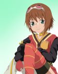  1girl brown_hair choker closed_mouth glasses gloves goggles goggles_on_head green_eyes looking_at_viewer ribonzu rita_mordio short_hair simple_background smile solo tales_of_(series) tales_of_vesperia thighhighs 