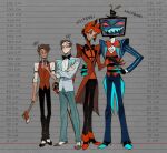  2boys alastor_(hazbin_hotel) alastor_(human)_(hazbin_hotel) black_eyes black_hair blue_suit brown_hair collared_shirt curly_hair dark-skinned_male dark_skin demon_boy demon_horns hazbin_hotel height_chart height_difference hellaverse heterochromia highres horns juanmao multicolored_hair multiple_boys red_vest shirt streaked_hair suit vest vox_(hazbin_hotel) vox_(human)_(hazbin_hotel) white_hair white_shirt 