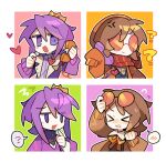  >_< 1boy 1girl alternate_costume androgynous animification beanie blush border brown_cardigan brown_hair cardigan chumufengchun coat commentary corded_phone crown hardcore_heart hat heart highres holding holding_phone humanization lifesteal_smp long_sleeves minecraft_youtube open_mouth orange-tinted_eyewear orange_cardigan orange_hat phone purple_coat purple_eyes purple_hair purple_sweater red_scarf round_eyewear scarf short_hair spoken_blush squiddo sunglasses sweater symbol-only_commentary tinted_eyewear wemmbu white_border 