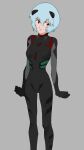  1girl ayanami_rei bad_id bad_twitter_id black_bodysuit blue_hair bodysuit clenched_hands evangelion:_3.0_you_can_(not)_redo grey_background highres interface_headset_(evangelion) looking_at_viewer mecha_pilot_suit neon_genesis_evangelion plugsuit_(evangelion) rebuild_of_evangelion simple_background solo swirl9017 