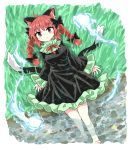  1girl animal_ears bare_legs black_bow black_dress black_ribbon bow braid cat_ears chups commentary dress extra_ears frilled_dress frilled_sleeves frills green_frills highres hitodama kaenbyou_rin long_sleeves looking_at_viewer multiple_tails neckwear red_eyes red_hair red_neckwear ribbon solo tail touhou twin_braids two_tails water 