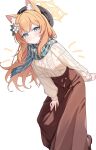  1girl alternate_costume animal_ears beret blue_archive blue_eyes blush cat_ears cat_girl commentary flower hair_flower hair_ornament halo hat highres long_hair long_skirt mari_(blue_archive) nonddu orange_hair orange_halo ribbed_sweater scarf simple_background skirt smile solo sweater symbol-only_commentary white_background 