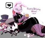 anthro birthday black_bodysuit black_clothing black_skinsuit bodysuit boots cake_slice clothing cutlery female footwear fork gloves handwear heart_bubble kitchen_utensils lagomorph latex latex_boots latex_clothing latex_footwear latex_gloves latex_handwear latex_skinsuit mammal newtype_hero pink_body plushie rabbit_bomb shoes skinsuit solo speech_bubble tight_clothing tools zipper