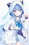  1girl :d absurdres animal_hood belt blue_belt blue_eyes blue_hair blue_neckerchief brooch cat_hood commentary_request cowboy_shot double-parted_bangs dress ear_piercing earrings grin hair_between_eyes hand_up hands_up highres hololive hood hood_up hooded_jacket hoshimachi_suisei hoshimachi_suisei_(sailor) jacket jewelry long_hair looking_at_viewer medium_dress neckerchief official_alternate_costume piercing pleated_dress sailor_collar school_uniform sidelocks smile solo star_(symbol) star_brooch star_in_eye symbol_in_eye virtual_youtuber wasemkn white_dress white_jacket white_sailor_collar 