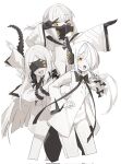  >_o 3girls black_mask blindfold blue_archive blush coat colored_skin commentary covered_eyes ein_(blue_archive) extra_pupils hair_over_one_eye highres kokukyukeo long_hair long_sleeves looking_at_viewer mask mechanical_hands mechanical_tail multiple_girls navel ohr_(blue_archive) one_eye_closed open_mouth outstretched_arm respirator short_hair simple_background smile sof_(blue_archive) symbol-only_commentary symbol-shaped_pupils tail triplets v v_over_eye white_background white_coat white_hair white_skin wide_sleeves x-shaped_pupils yellow_eyes 