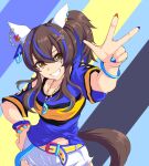  1girl animal_ears bead_bracelet beads belt blue_hair blue_shirt bracelet breasts brown_hair collarbone daitaku_helios_(fun_fun_party_night)_(umamusume) daitaku_helios_(umamusume) ear_covers facial_tattoo grin hair_between_eyes hair_ornament hairclip highres horse_ears horse_girl horse_tail jewelry long_hair looking_at_viewer midriff_peek multicolored_hair multicolored_nails necklace open_mouth shirt shorts side_ponytail smile solo streaked_hair tail tattoo teeth tied_shirt umamusume w white_shorts windg0 yellow_belt yellow_eyes 