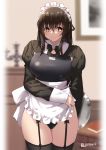  1girl alternate_costume apron black_hair breasts brown_eyes competition_swimsuit cowboy_shot enmaided frills jonsun large_breasts long_hair maid maid_apron maid_headdress one-piece_swimsuit original puffy_sleeves shrug_(clothing) smile solo swimsuit thighhighs waist_apron 