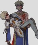  2boys ahoge armor armored_boots arthur_pendragon_(fate) belt black_pants blonde_hair blood blood_in_hair blood_on_face blood_on_hands blue_pants blue_shirt boots breastplate brown_belt carrying closed_eyes closed_mouth collarbone commentary_request cowboy_shot cube_earrings earrings fate/grand_order fate_(series) faulds fingernails fur-trimmed_sleeves fur_trim gauntlets gilgamesh_(fate) gold_earrings gold_necklace grey_armor hands_up highres injury jewelry kometubu0712 long_sleeves looking_at_viewer male_focus multiple_boys necklace pants pauldrons princess_carry red_eyes shirt short_hair shoulder_armor simple_background single_gauntlet standing teeth thigh_strap topless_male unconscious white_armor white_background wide_sleeves yaoi 