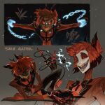  1boy absurdres alastor_(hazbin_hotel) antlers blood blood_from_mouth blood_on_hands deer_antlers deer_boy demon_boy evil_grin evil_smile grin hazbin_hotel hellaverse highres horns injury juanmao looking_at_viewer male_focus monocle red_hair red_suit sharp_teeth smile solo suit teeth 