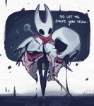  1girl 2girls arthropod_girl artist_name black_eyes black_skin bodysuit broken_mask bug carrying carrying_person cloak colored_skin english_commentary english_text faceless firefly full_body hat highres hollow_eyes hollow_knight hollow_knight:_silksong horned_mask hornet_(hollow_knight) horns lace_(hollow_knight) looking_at_another looking_down mask momoiiroo multiple_girls needle_(hollow_knight) pin_(hollow_knight) red_cloak spoilers standing weapon weapon_on_back white_hat white_mask 