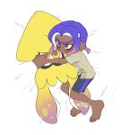  1boy ariamikukanzaki barefoot black_shorts blue_hair brown_shirt character_doll commentary dark-skinned_male dark_skin doll hirooooo_(splatoon) hugging_doll hugging_object lying male_focus octoling on_side pout red_eyes shirt shorts solo splatoon_(series) splatoon_3 tearing_up tentacle_hair thick_eyebrows veronika_(splatoon) 