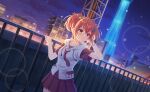  1girl blush building city cityscape collarbone commentary_request game_cg hair_between_eyes hair_ornament highres hood hood_down hoodie lamppost looking_at_viewer night official_art ootori_kokona orange_hair outdoors pleated_skirt railing red_skirt short_sleeves skirt sky skyscraper smile solo star_(sky) starry_sky third-party_source world_dai_star 