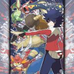  1boy :3 afro artist_name bird black_gloves blue_hair blue_pants bouffalant character_name closed_mouth commentary company_name copyright_notice eelektross english_commentary fangs fanny_pack fingerless_gloves flygon flying from_side gloves horns hugh_(pokemon) instagram_username long_sleeves male_focus merchandise_available official_style open_mouth outline outstretched_arm pants pokemon pokemon_(creature) pokemon_bw2 red_eyes red_shirt samurott shirt short_hair simisear smile spiked_hair tom_higgins unfezant unfezant_(male) watermark white_bag white_outline 