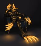 abs absurd_res anthro big_feet black_body black_skin chair claws curved_horn demon feet foreskin furniture genitals glowing glowing_claws glowing_eyes glowing_genitalia glowing_horn glowing_nipples glowing_penis hi_res holding_chin horn humanoid_genitalia humanoid_penis hyper_claws long_claws longblueclaw looking_at_viewer male muscular muscular_male nipple_piercing nipples nude_anthro orange_claws orange_eyes penis piercing signature simple_background sitting solo toe_claws