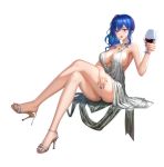  1girl absurdres alcohol azur_lane backless_dress backless_outfit bangs bare_shoulders blue_hair blue_nails commentary_request cup dress earrings evening_gown full_body grey_dress hair_between_eyes halter_dress hand_on_own_thigh high_heels highres holding holding_cup hong_bai jewelry nail_polish necklace parted_lips pink_eyes plunging_neckline revealing_clothes side_ponytail sidelocks silver_dress silver_footwear sitting st._louis_(azur_lane) st._louis_(luxurious_wheels)_(azur_lane) thighs 