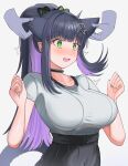  1girl 1other ^^^ absurdres animal_ears arknights black_hair black_skirt breasts cat_ears cat_girl cat_tail collarbone covered_navel disembodied_hand grabbing_another's_ear grey_background grey_shirt hand_on_another's_ear hands_up highres jessica_(arknights) jessica_the_liberated_(arknights) large_breasts long_hair multicolored_hair ponytail purple_hair shirt short_sleeves simple_background skirt spam_(spamham4506) spasm streaked_hair surprised tail two-tone_hair very_long_hair 