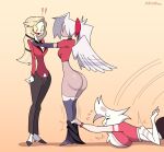 4_arms angel_dust animal_humanoid arachnid arachnid_humanoid arthropod arthropod_humanoid blonde_hair butt charlie_morningstar clothed clothing eyebrows eyes_closed female fingers footwear fur group hair hazbin_hotel hellaverse hi_res humanoid male markmanez multi_arm multi_limb multicolored_body multicolored_fur open_mouth pink_body pink_fur shoes side_view simple_background spider_humanoid standing tongue trio vaggie_(hazbin_hotel) white_body white_fur