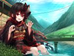  1girl :d bandaged_leg bandages bangs black_hair black_kimono blue_sky blush bridge building claw_pose cloud commentary_request copyright_request day eyebrows_visible_through_hair fang fingernails fox_mask hair_between_eyes hasumi_(hasubatake39) highres japanese_clothes kimono leaves_in_wind long_sleeves mask mask_on_head multicolored_hair obi open_mouth outdoors purple_eyes railing red_hair sash sitting sky smile solo streaked_hair torn_clothes torn_kimono water wide_sleeves 
