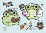  :< :3 ayu_(mog) blue_background book bug closed_mouth commentary drop_shadow english_text frog glasses highres holding holding_book lab_coat ladybug long_sleeves no_humans open_book open_mouth original round_eyewear signature simple_background snail solid_circle_eyes sweatdrop symbol-only_commentary tadpole test_tube twitter_username yellow-framed_eyewear 