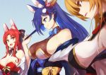  3girls animal_ear_fluff animal_ears azur_lane blonde_hair blue_background blue_eyes blue_hair breasts cleavage closed_fan commentary_request fan folding_fan fox_ears hair_ornament holding holding_fan jintsuu_(azur_lane) large_breasts long_hair marshall_k multiple_girls naka_(azur_lane) obi open_mouth ponytail red_hair retrofit_(azur_lane) sash sendai_(azur_lane) sideboob simple_background smile yellow_eyes 