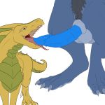  1:1 araphre araphre_(artist) balls blue_body blue_penis claws dragon duo feral fur genitals half-closed_eyes licking male male/male narrowed_eyes open_mouth oral penis pubes ramel_(monsterfuzz) simple_background size_difference sketch teeth tongue tongue_out white_background yellow_body 