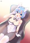  1girl absurdres animal_ears arm_up bangs blue_eyes blue_hair blush bow breasts bunny_ears bunny_girl bunnysuit chair cleavage commentary_request eyebrows_visible_through_hair fang gloves gradient gradient_background highres looking_at_viewer natsumiya_yuzu open_mouth re:zero_kara_hajimeru_isekai_seikatsu rem_(re:zero) sitting solo thighhighs wrist_cuffs 