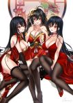  3girls absurdres ahoge alcohol azur_lane bangs bare_shoulders black_cat black_footwear black_hair black_legwear blush breasts bridal_gauntlets cat champagne china_dress chinese_clothes choker cleavage cleavage_cutout cocktail_dress cokecoco collarbone commentary_request cup dress drinking_glass eyebrows_visible_through_hair fishnet_legwear fishnets garter_straps hair_between_eyes hair_ornament highres japanese_clothes kimono large_breasts long_hair looking_at_viewer mask mask_on_head multiple_girls multiple_persona off-shoulder_kimono open_mouth red_choker red_dress red_eyes red_kimono ribbon shoes sitting smile striped striped_ribbon taihou_(azur_lane) taihou_(forbidden_feast)_(azur_lane) taihou_(phoenix&#039;s_spring_song)_(azur_lane) thighhighs very_long_hair 